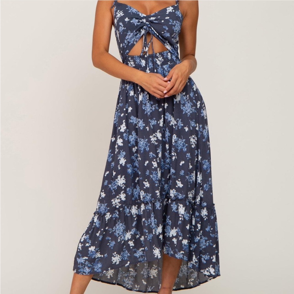Navy Floral Cutout Midi Dress